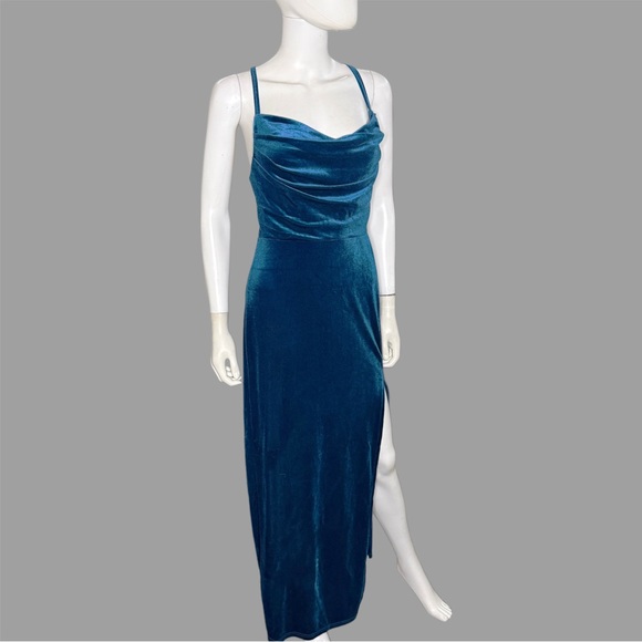 SHEIN Dresses & Skirts - SHEIN Belle Teal Velvet Maxi Dress With Cowl Neck & Side Leg Slit